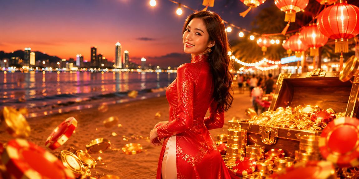 Phụ nữ mặc áo dài tại Đà Nẵng cầm điện thoại xem tỷ lệ kèo trận đấu bên bờ biển buổi chiều