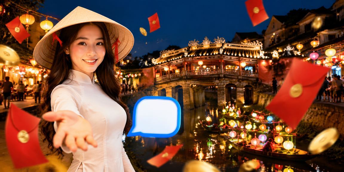 Biểu tượng phong bì đỏ và nón lá Hội An gợi lên văn hoá thưởng thức giải trí Việt Nam